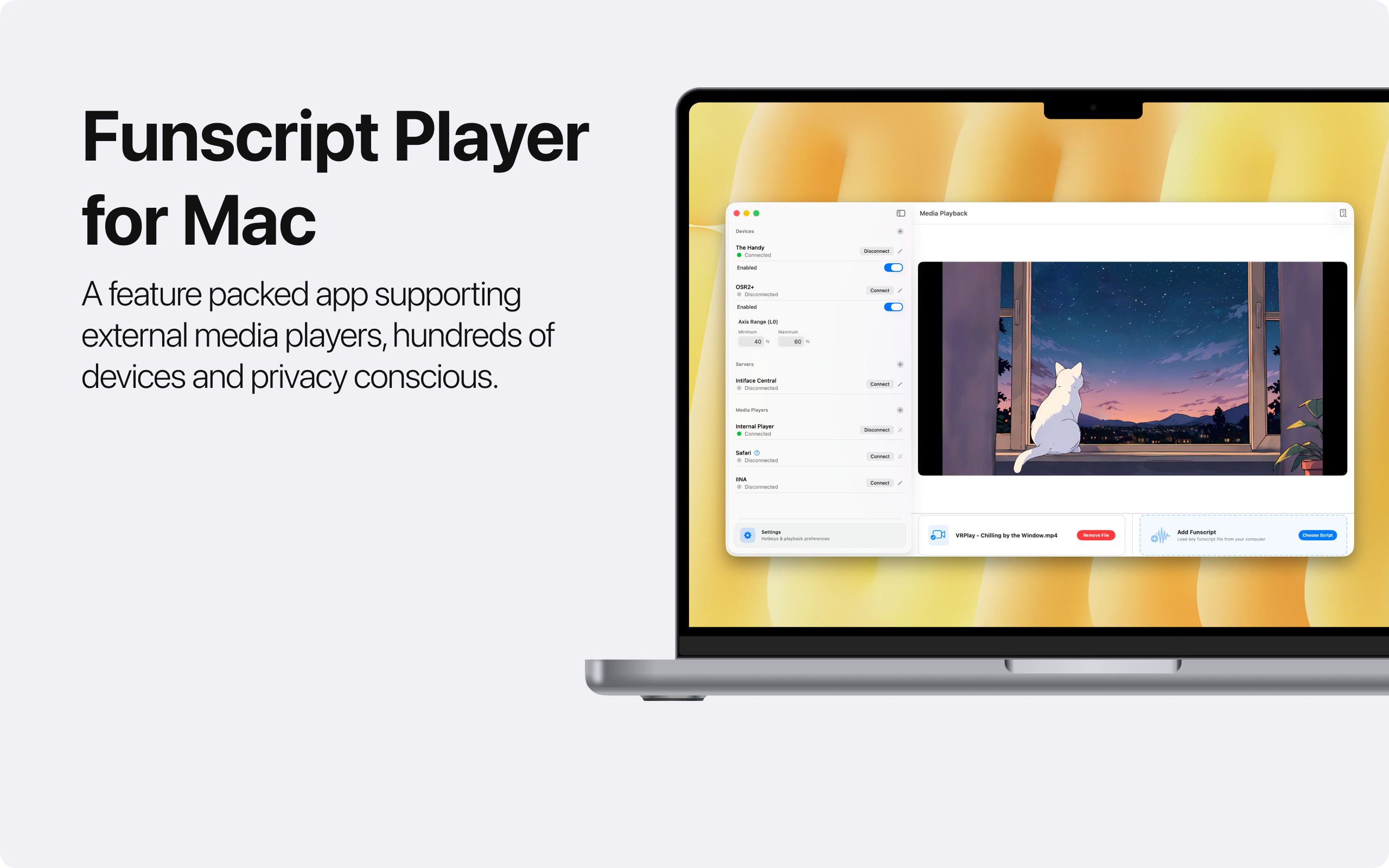 Funscript Player for Mac - A feature packed app supporting external media players, hundreds of devices and privacy conscious.
